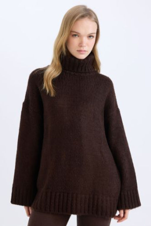 Oversize Genis Kal?p Bal?kc? Yaka Basic Duz Triko Kazak Tunik