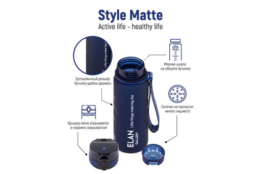 Бутылка для воды 500 мл 6,5*6,5*23 см Style Matte с углублениями д/пальцев, темно-синяя - Elan gallery фото 4