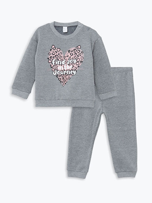 Bisiklet Yaka Uzun Kollu Bask?l? K?z Bebek Sweatshirt ve E?ofman Alt 2li Tak?m