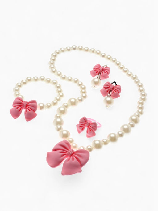Набор детских украшений Выбражулька Бант, 4 предмета: кулон, браслет d=6 см кольцо, клипсы, бело-розовый  фото 8