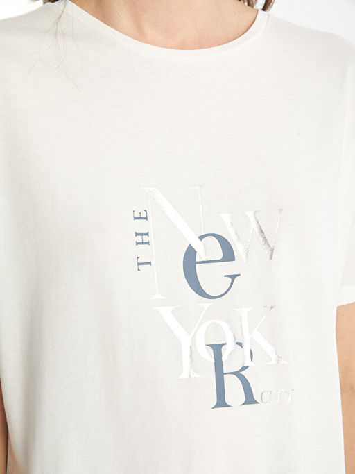 Bisiklet Yaka Bask?l? K?sa Kollu Kad?n Ti??rt