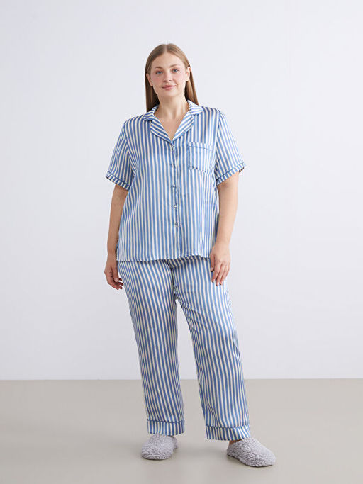 G?mlek Yaka ?izgili Kad?n Pijama Tak?m