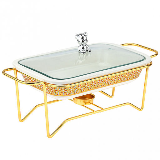 "Мармит Белый" Форма для запекания 750мл, прямоугольная, 25,5х15,5см h4,8см, керамика с деколью, цвет - белый, стеклянная крышка с пароотводом, пластмассовая ручка-кнопка "мишка", металическая подставка с ручками, с подогревом на 1 свечу 32,8х15,5х11