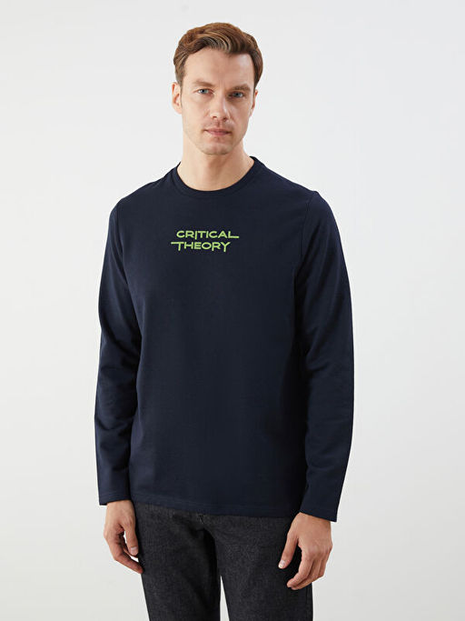Bisiklet Yaka Uzun Kollu Bask?l? Erkek Sweatshirt