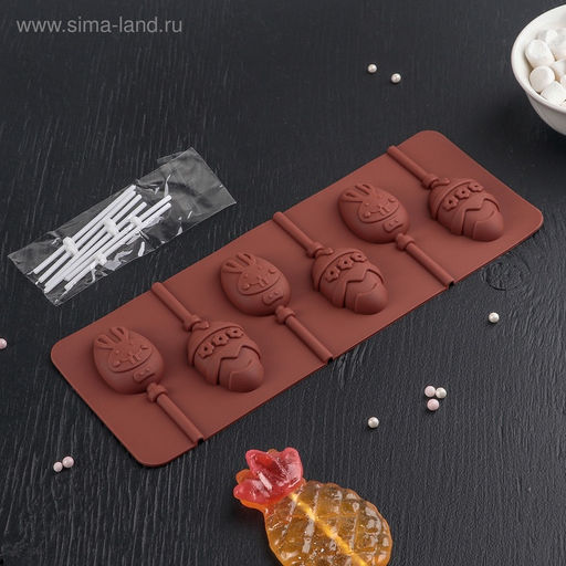 Форма для леденцов Доляна Пасхальный кролик, силикон, 26?10?1 см, 6 ячеек, с палочками, коричневая  фото 2
