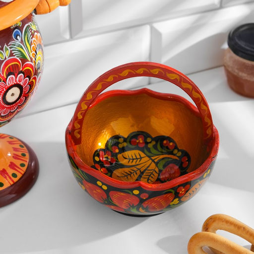 Конфетница с ручкой, 12-13×12-13 см, дерево, хохлома