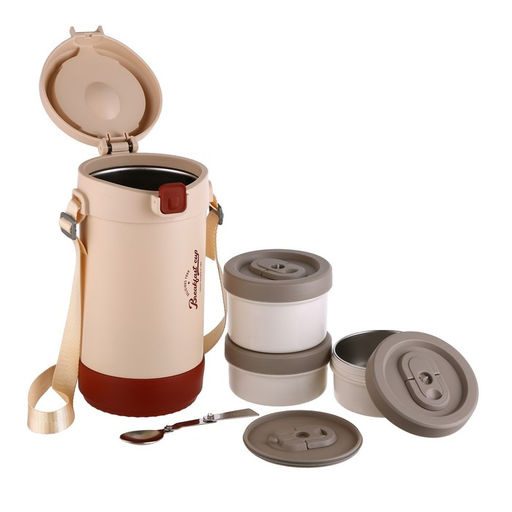 Термос для еды, 1.2 л, 2715 см, 3 контейнера, складная ложка, нержавеющая сталь, бежевый, красный - Simaland фото 4