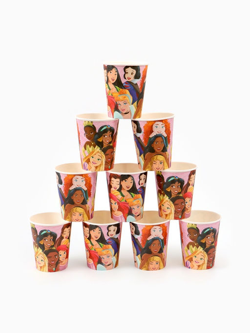 Посуда одноразовая бумажная на 10 персон: стаканы, тарелки, скатерть, Принцессы