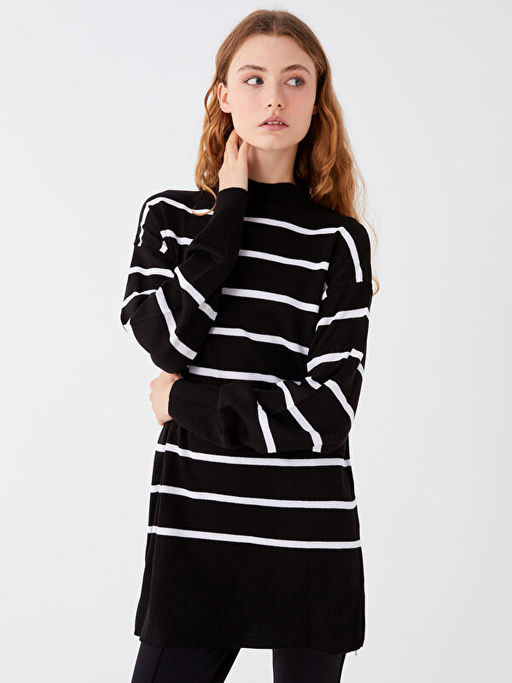 Yar?m Bal?k?? Yaka ?izgili Uzun Kollu Kad?n Triko Tunik