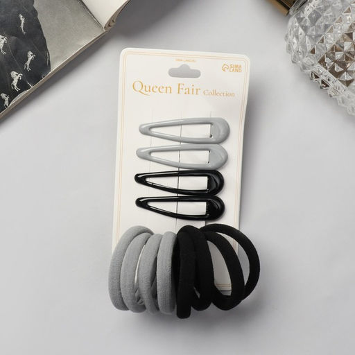 Цена за 2 шт. Набор для волос «Мира», 12 шт.: 4 невидимки 5 см, 8 резинок 3.5 см, серо-чёрный