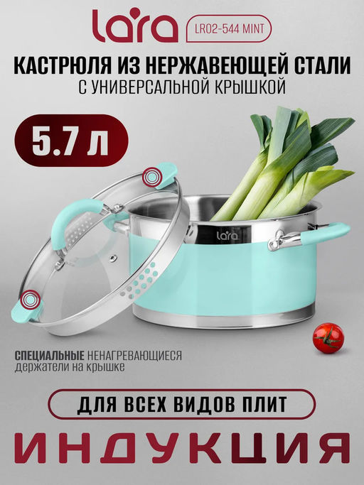 Кастрюля (нерж) MINT 24x13см, 5.7л, носик, индукционное дно, крышка с бортом LR02-544 /LARA/  фото 8
