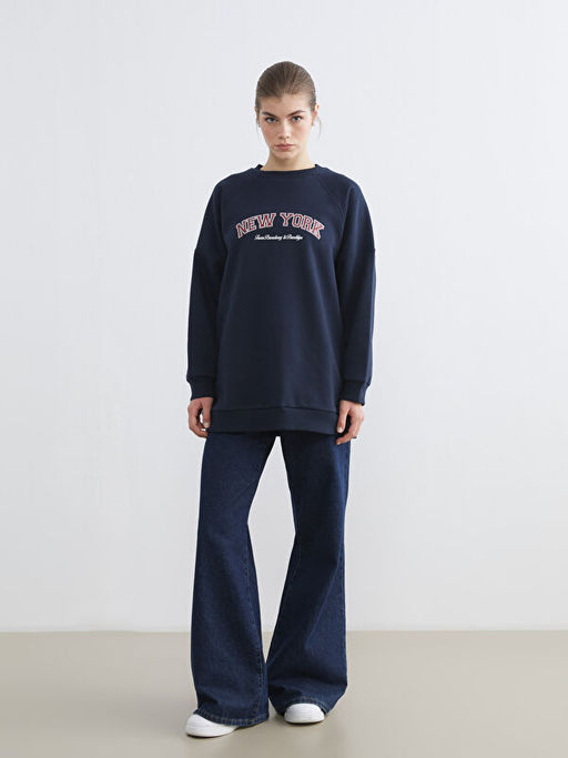 Bask?l? Oversize Kad?n Kal?n Sweatshirt Tunik