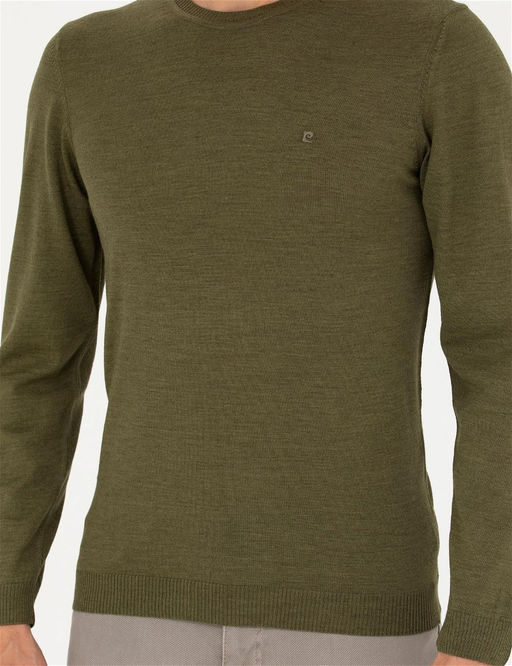 A__k Ye_il Slim Fit Bisiklet Yaka Y_n Kar___ml_ Basic Triko Kazak