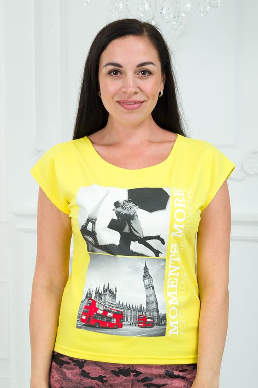 Футболка женская со спущенным плечом из кулирки Лира жёлтый с принтом Moments - Амадэль фото 2