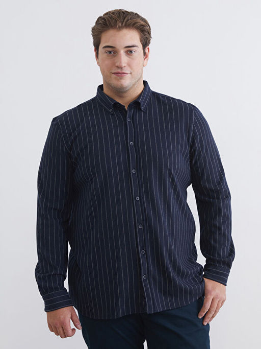 B?y?k Beden Slim Fit Uzun Kollu ?izgili Erkek G?mlek