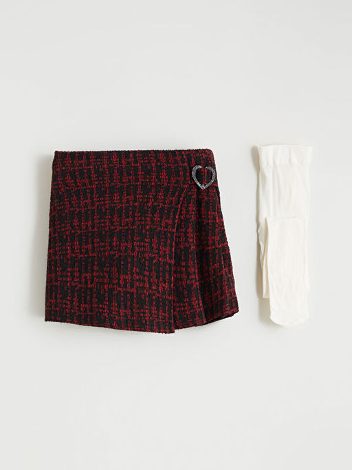 Ekose Desenli K?z ?ocuk ?ort Etek ve K?lotlu ?orap