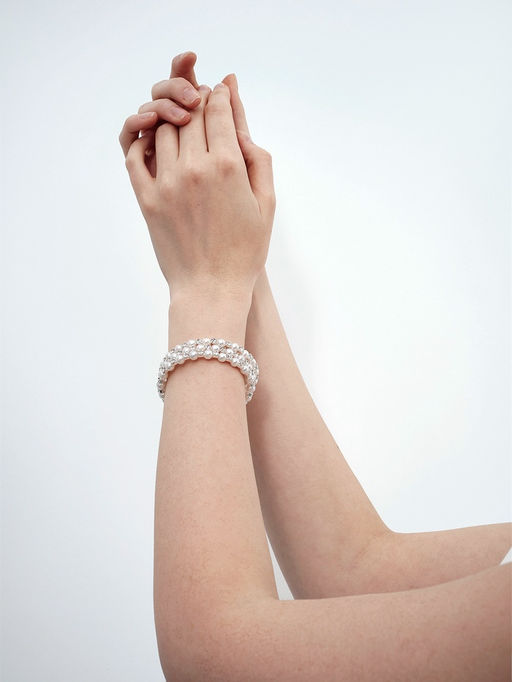 Браслет-пружинка «Жемчуг. Стразы», d=6 см, шар № 6, белый в серебре