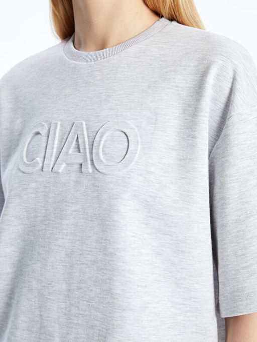 Bisiklet Yaka Bask?l? Oversize Kad?n Ti??rt