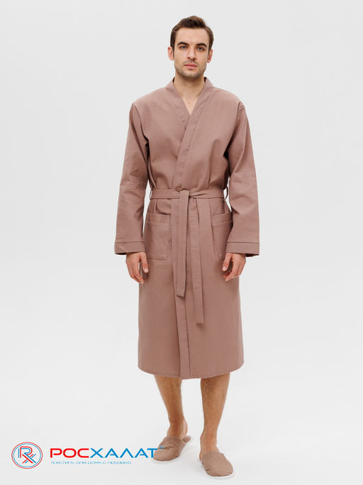 Мужской вафельный халат с планкой коричневый В-03 (21)