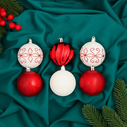 Ёлочные игрушки Агнет узоры, шары новогодние, d=6 см, набор 12 шт., красно-белый