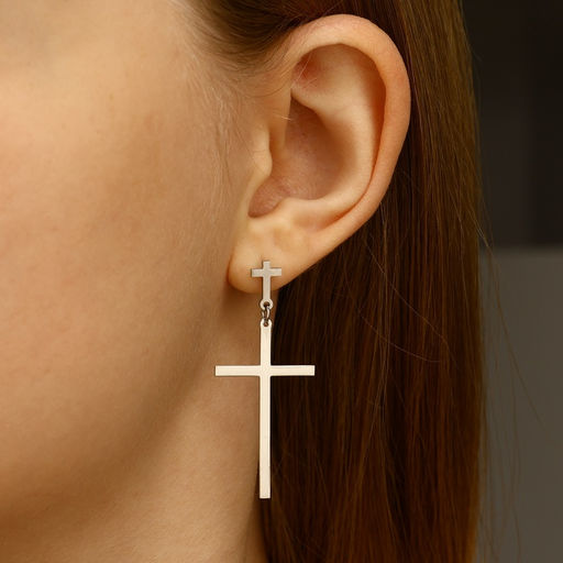 Серьги металл Крестики дуэт, цвет серебро