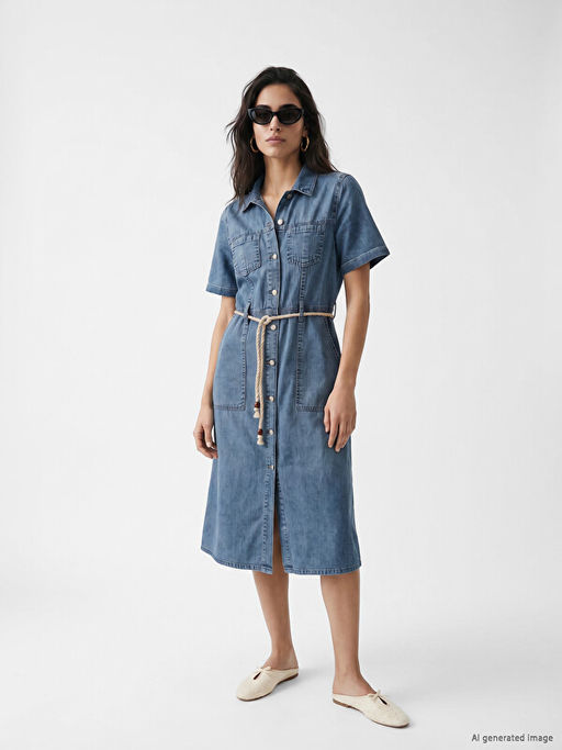 G?mlek Yaka Beli Kemerli Jean Elbise