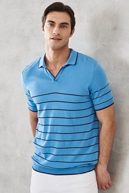 Standart Fit Normal Kesim %100 Pamuk Polo Yaka Mavi-Lacivert Triko Ti__rt 4A4922200201MLI