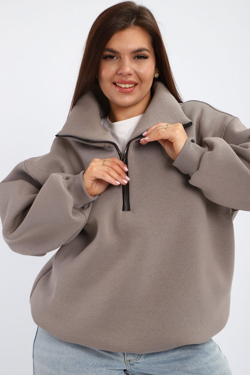 Толстовка женская из футера начес Комфорт серо-коричневый макси