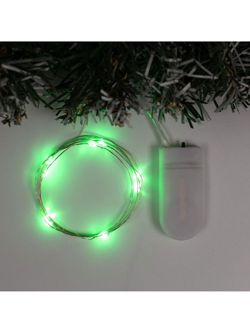 Гирлянда «Нить» 1 м роса, IP20, серебристая нить, 10 LED, батарейки CR2032х2 (в комплекте), свечение зелёное