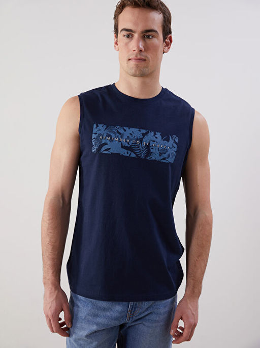 Bisiklet Yaka Bask?l? Erkek Kolsuz Ti??rt