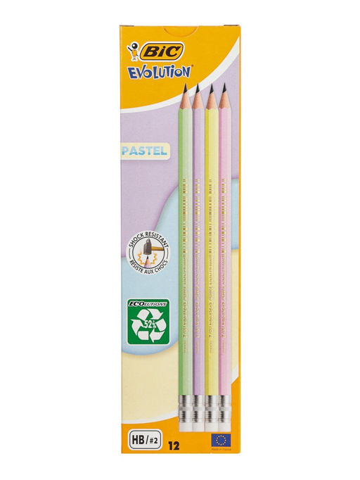 Цена за 12 шт. Карандаш чернографитный BIC HB Evolution «Пастель», пластиковый, с ластиком