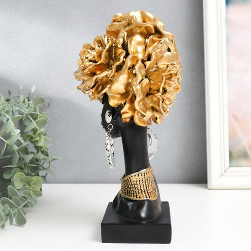 Фигурка полистоун «Бюст. Африканка с золотыми розами в волосах, с ожерельем», чёрный, 24×10×11 см