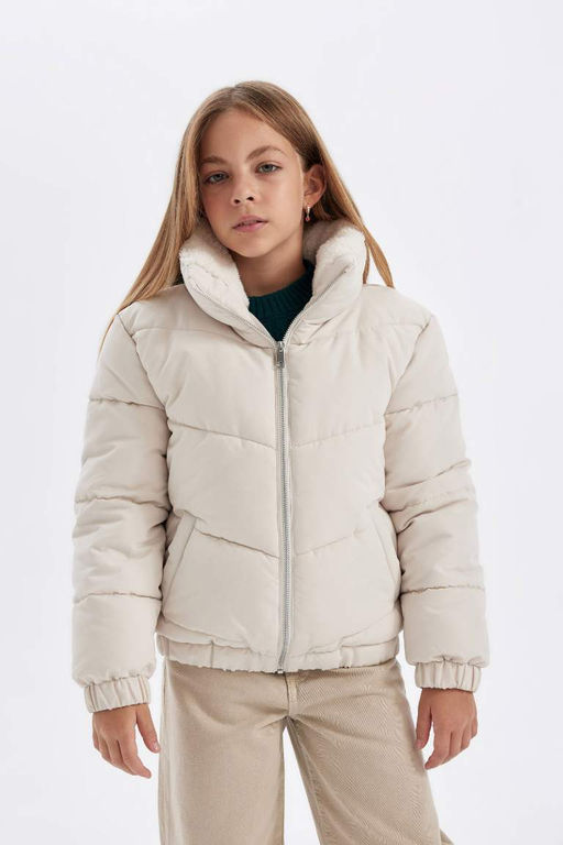 Пуховик на молнии с высоким воротником и плюшевой подкладкой для девочек - Defacto фото 3