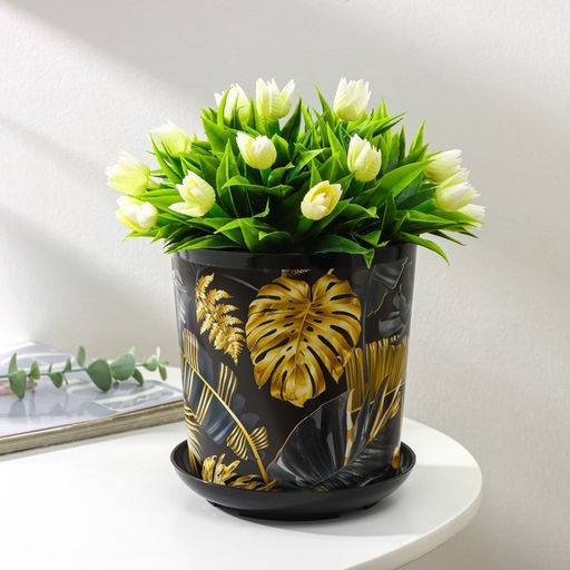 Горшок для цветов с поддоном Доляна «Голди.Тропики», 1,6 л, d=14 см, h=15,5 см, пластиковый, цвет чёрный