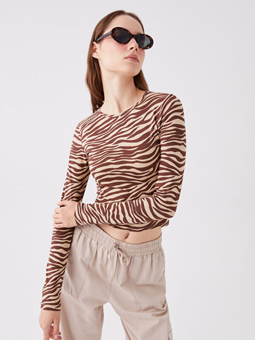 Bisiklet Yaka Bask?l? Uzun Kollu Kad?n Crop