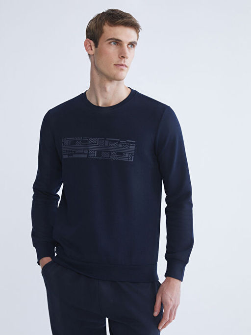 Bisiklet Yaka Bask?l? Erkek Sweatshirt