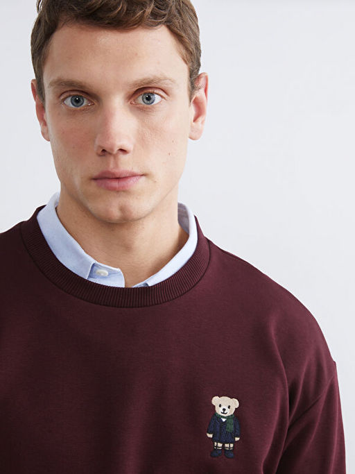 Bisiklet Yaka Ay? Teddy Bask?l? Erkek Kal?n Sweatshirt