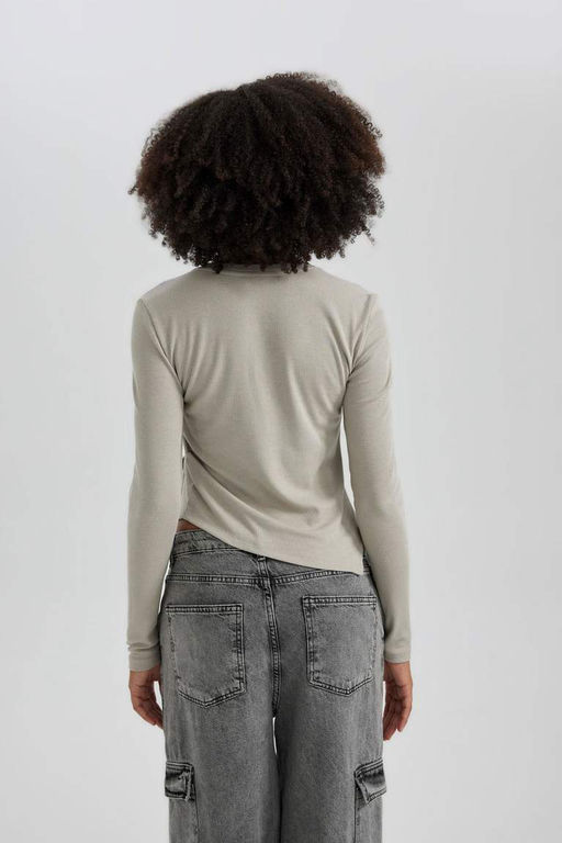Асимметричная футболка с длинным рукавом и круглым вырезом в рубчик - Defacto фото 9
