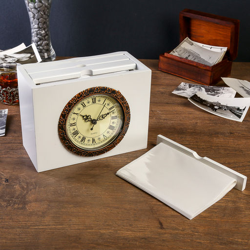 Фотоархив на 72 фото 10×15 см с часами и фоторамкой 10×15 см «Раритет», дерево, белый, 15×10.5×20 см