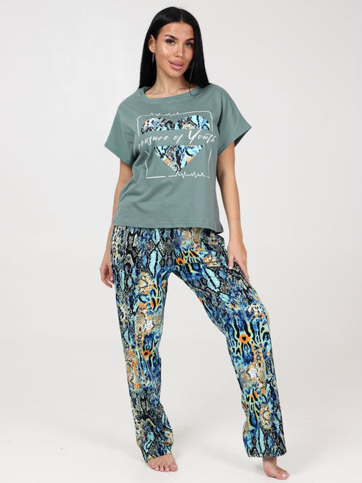 633 ПИЖАМА ЖЕНСКАЯ (брюки) (Зелёный/бирюза (змея)) - А-дина фото 2