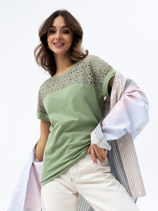 Футболка с кружевом хлопок 95%, лайкра 5%,оливковая - Binita фото 2