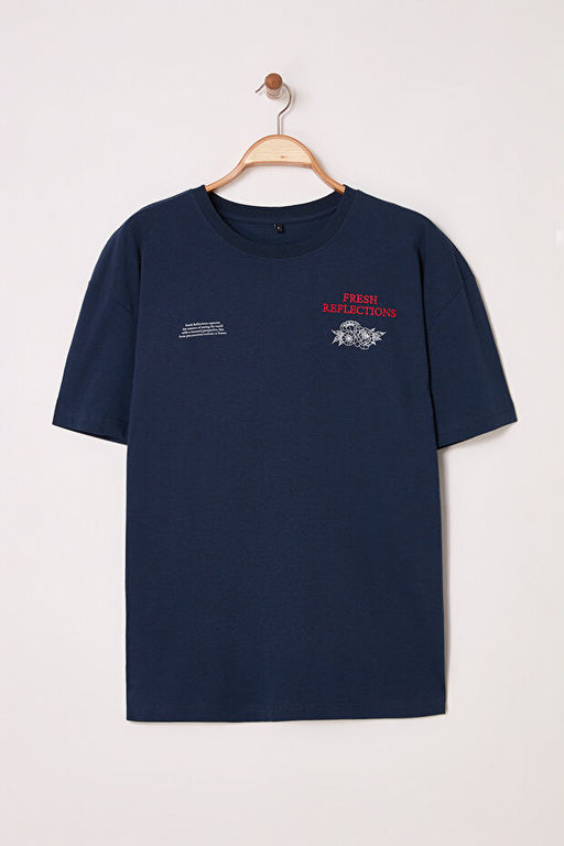 Lacivert Oversize/Geni_ Kesim _i_ek Nak__l_ %100 Pamuk T-Shirt TMNSS25TS00111 - Trendyolmilla фото 2