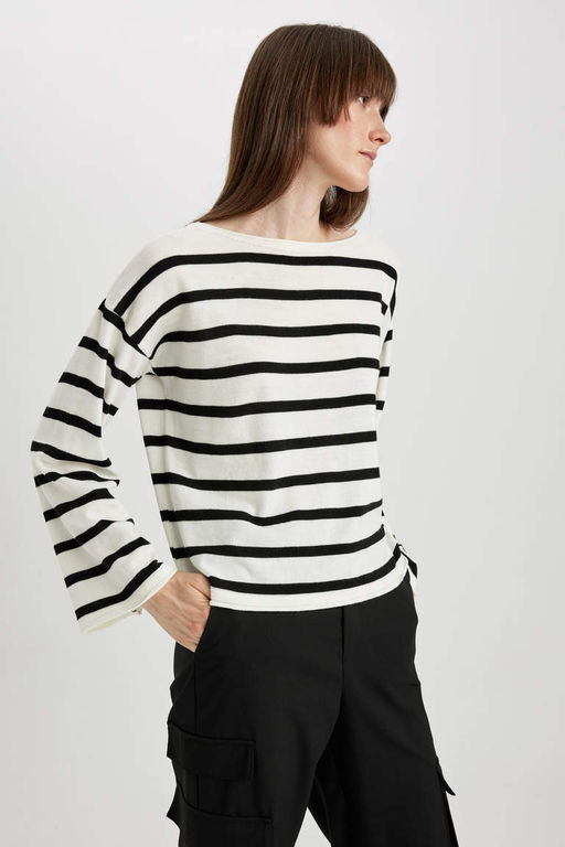 Полосатый свитер с круглым вырезом Relax Fit - Defacto фото 3