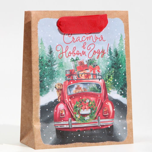 Цена за 3 шт. Пакет подарочный новогодний крафтовый Новогодний экспресс, S 12?15?5.5 см