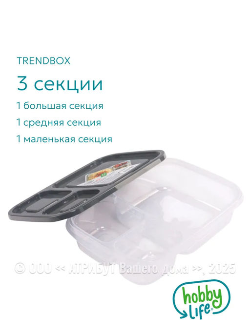 Контейнер пищевой TRENDBOX, серый, 3 секции, с крышкой, прямоугольный - Hobby Life фото 3