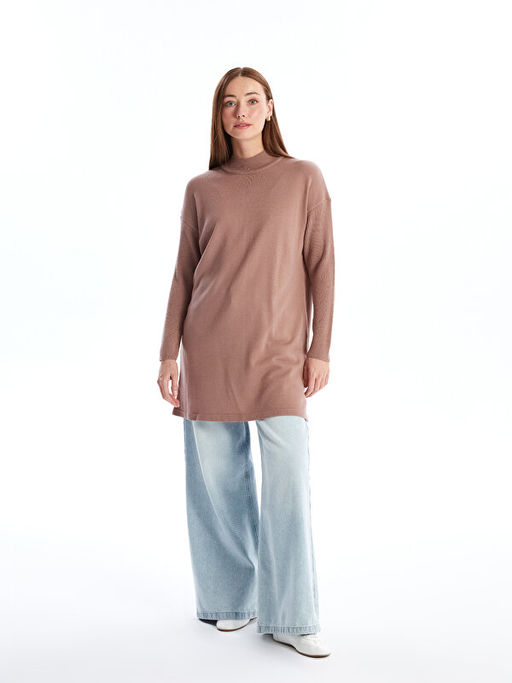 Yar?m Bal?k?? Yaka D?z Uzun Kollu Kad?n Triko Tunik