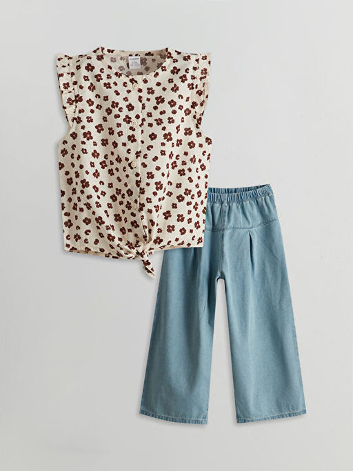 ?i?ekli K?z ?ocuk G?mlek ve Pantolon 2li