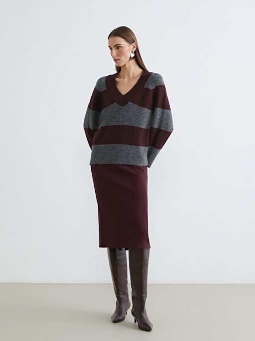 V Yaka ?izgili Oversize Kad?n Triko Kazak