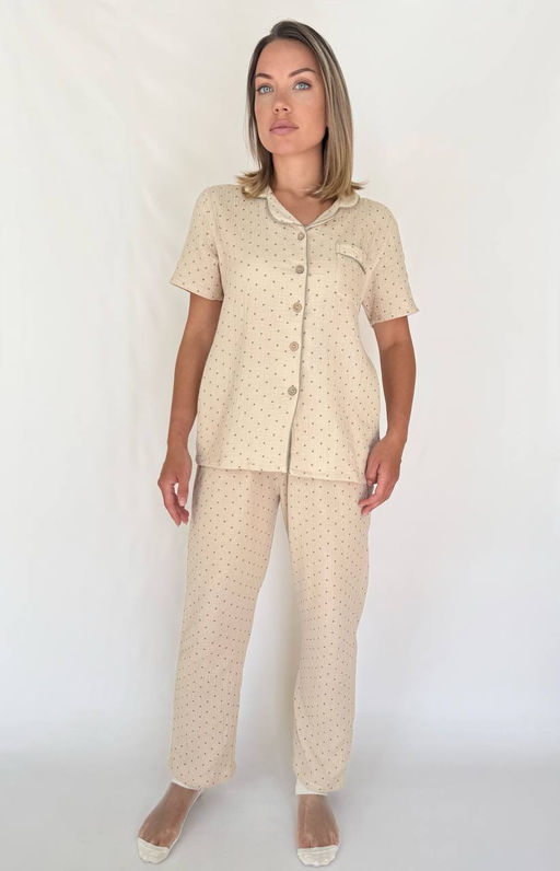 K12949 Костюм домашний: рубашка, шорты, брюки (муслин) БЕЖЕВЫЙ