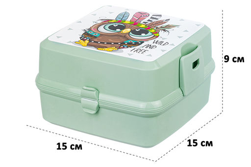 Ланч-бокс 1,2 л 15*15*9 см Бенто Сова в перьях + вилка и ложка, фисташковый (модель 487) - Elan gallery фото 2